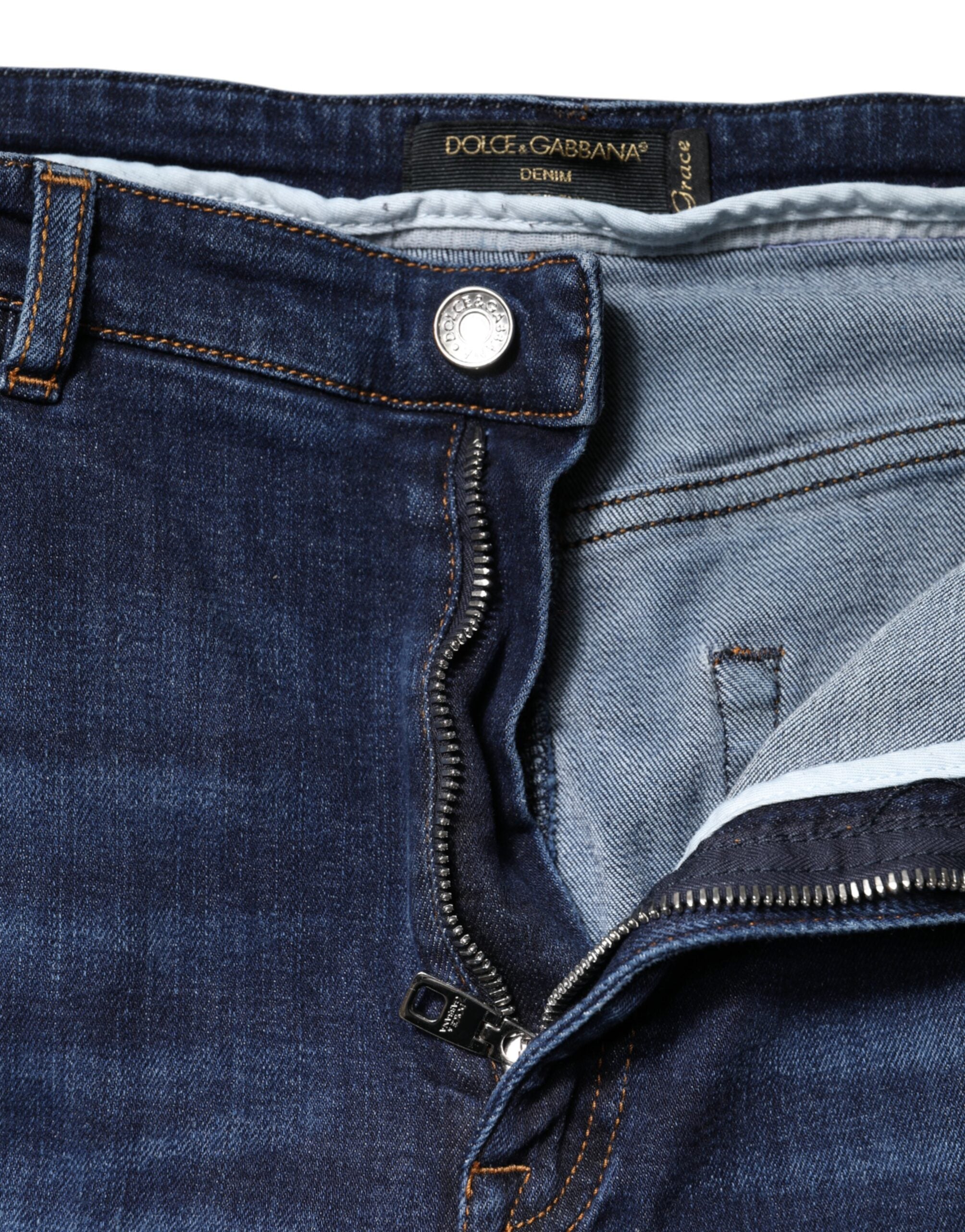 Blå bomullsjeans med hög midja och korta denimdetaljer