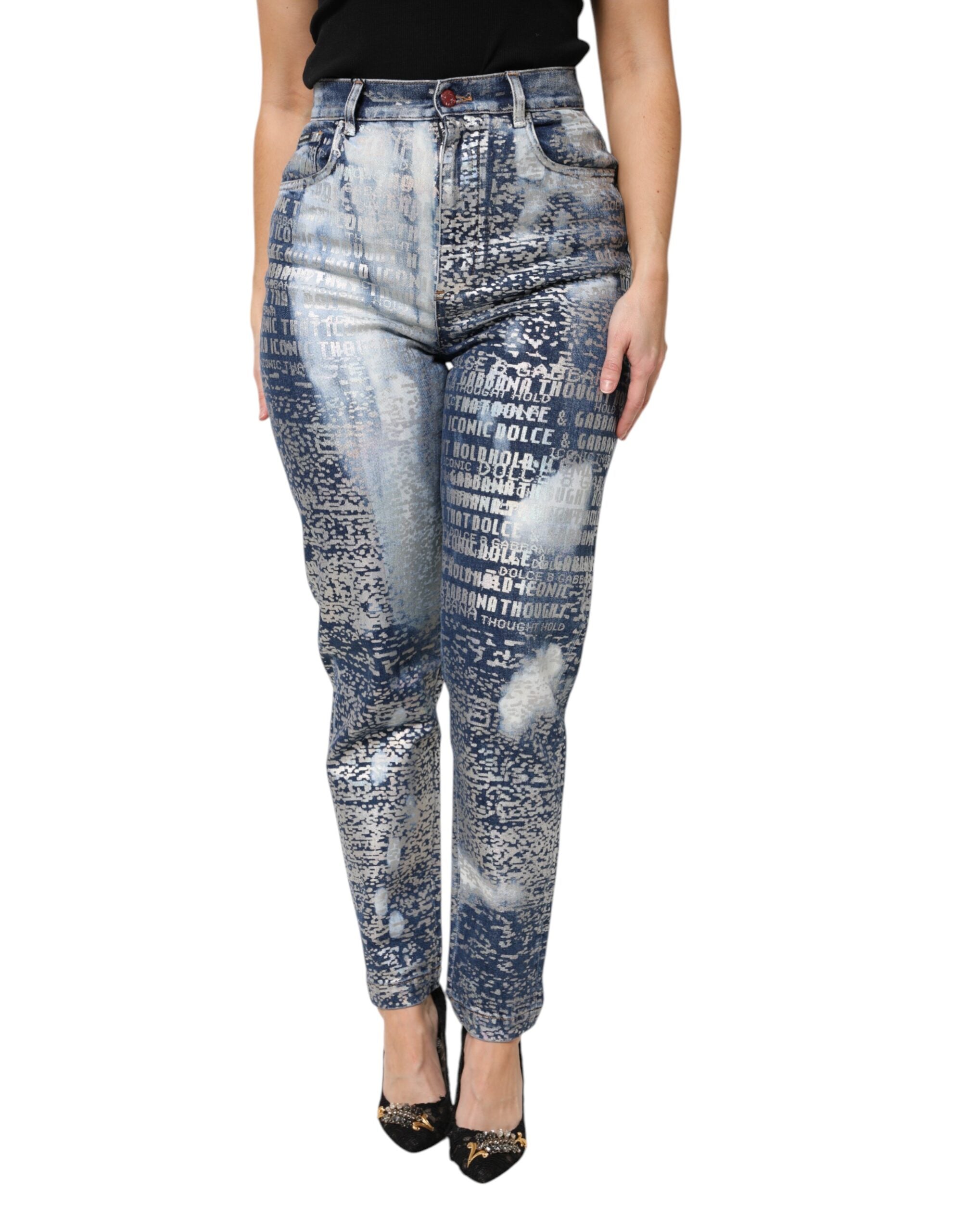 Blå tvättade jeans med hög midja och tryck