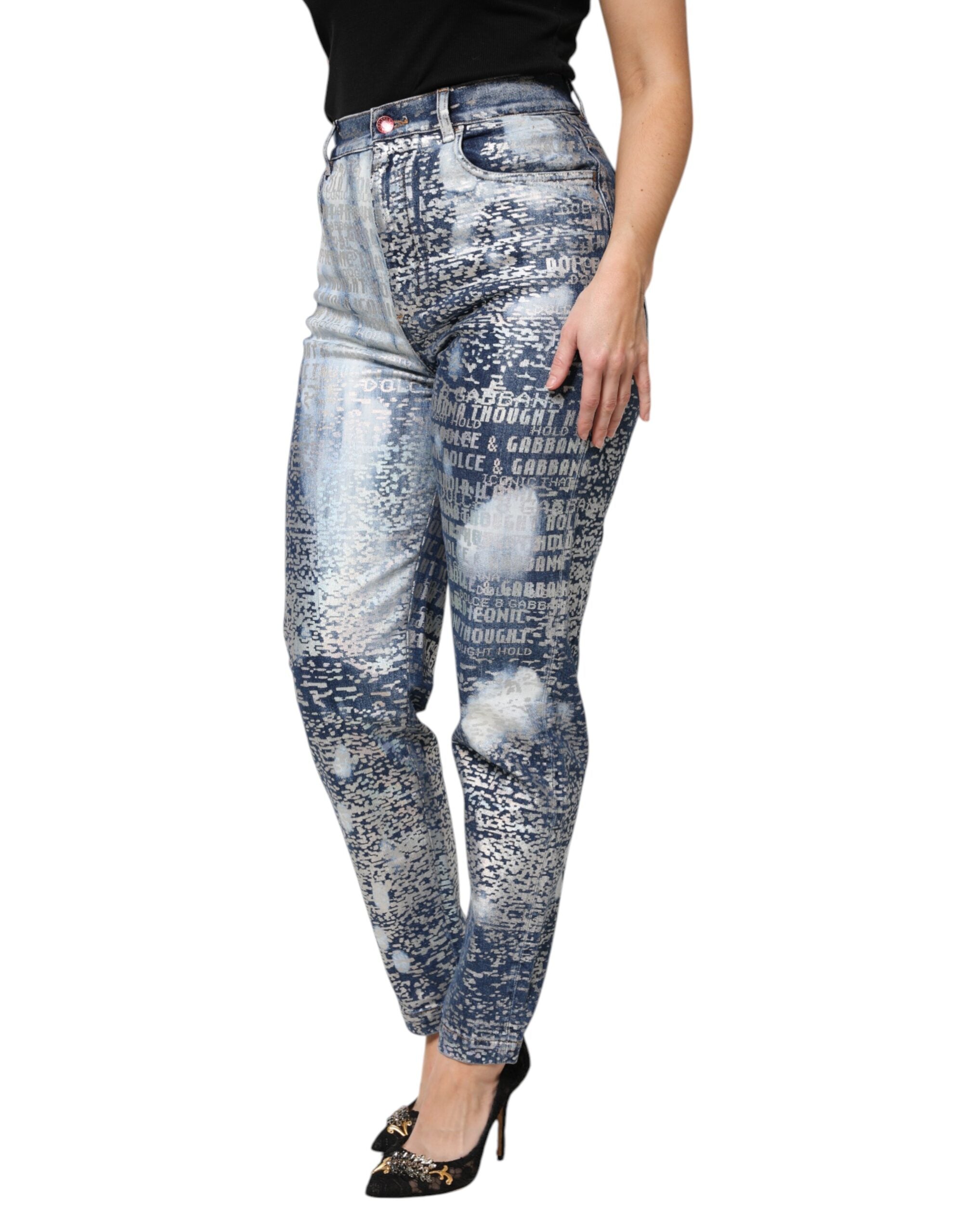 Blå tvättade jeans med hög midja och tryck