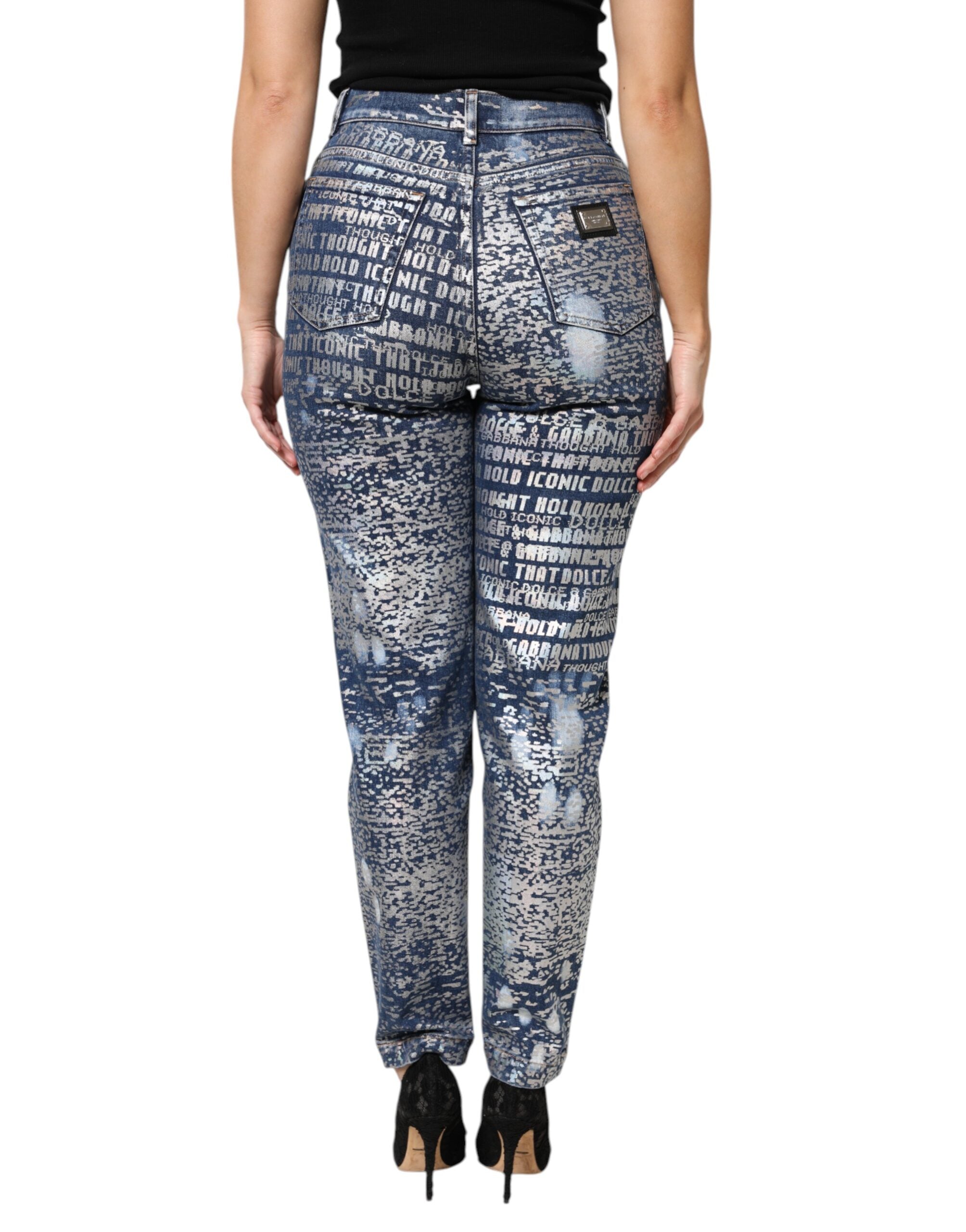 Blå tvättade jeans med hög midja och tryck