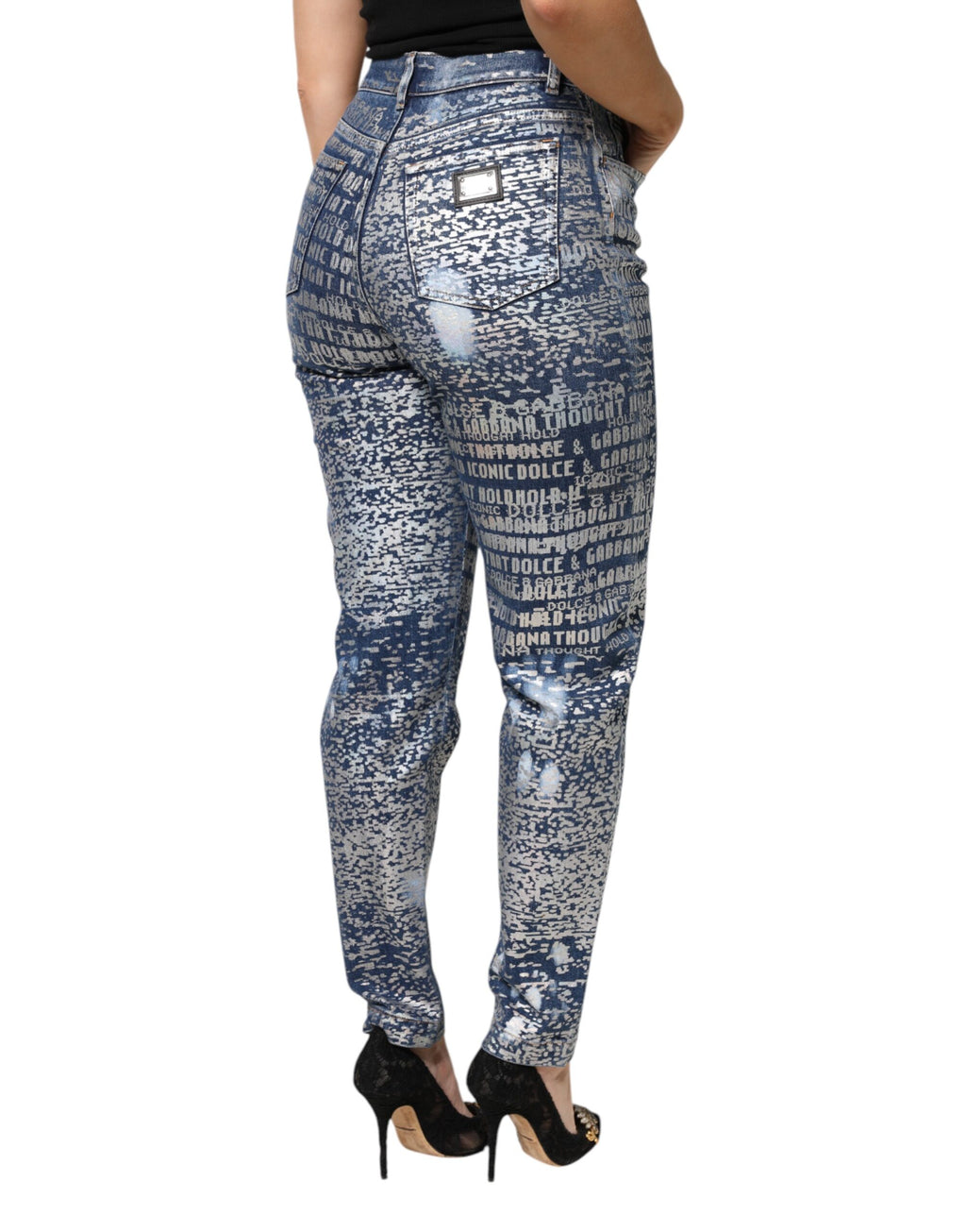 Blå tvättade jeans med hög midja och tryck