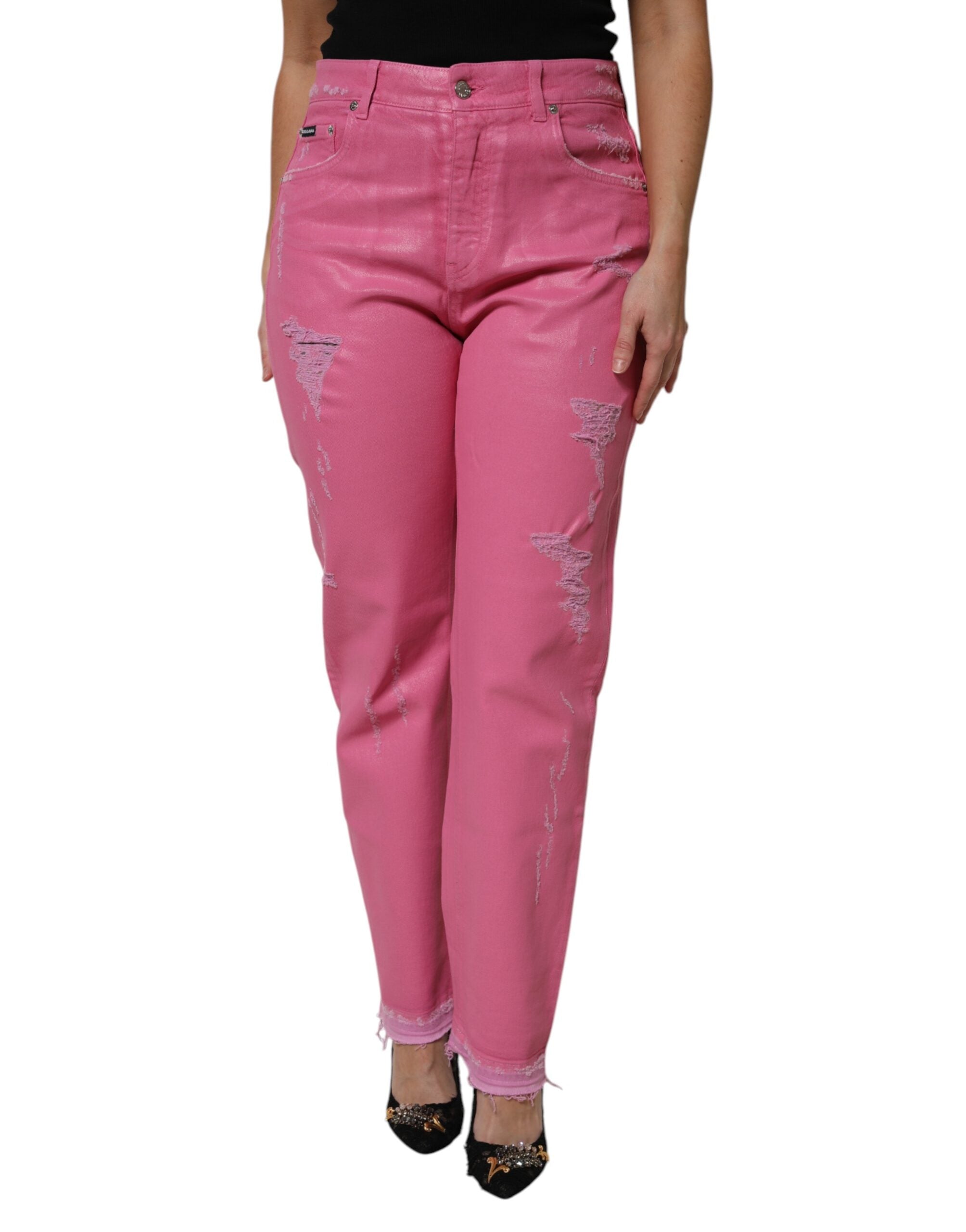 Rosa slitna avsmalnande jeans med medelhög midja