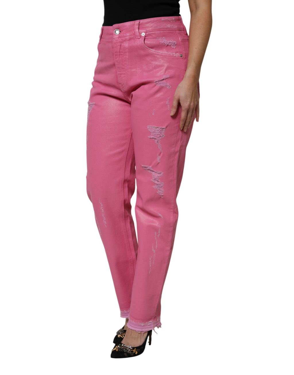 Rosa slitna avsmalnande jeans med medelhög midja