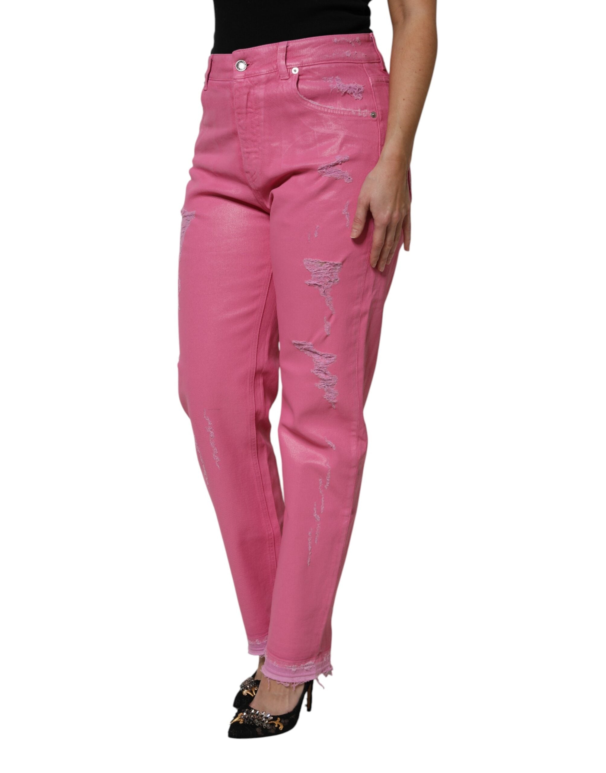Rosa slitna avsmalnande jeans med medelhög midja