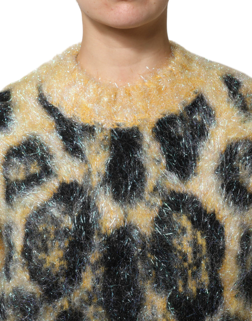Flerfärgad leopardmönstrad mohairtröja med rund hals