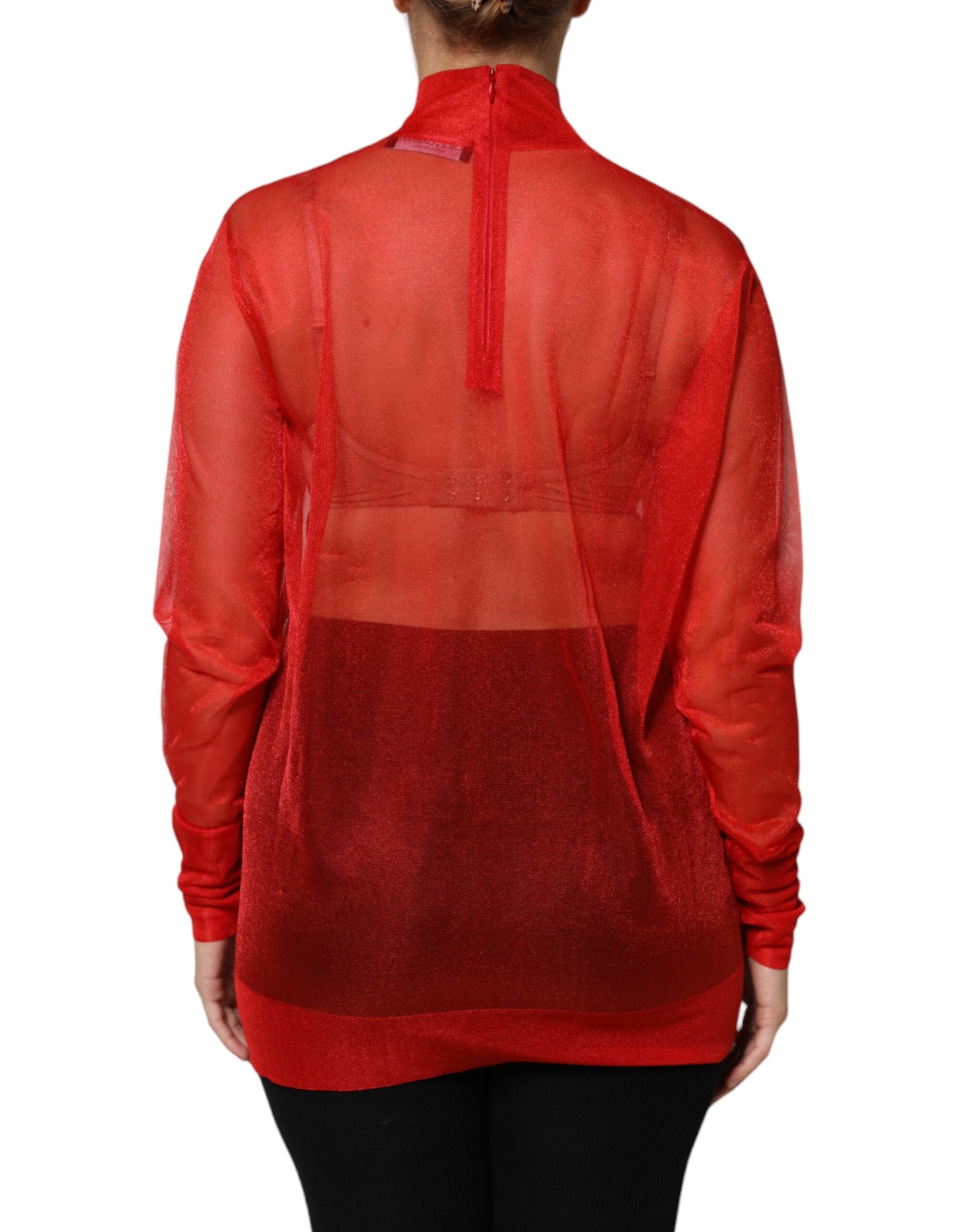 Dolce & Gabbana Red Tulle Turtleneck Long Sleeve Blouse Top