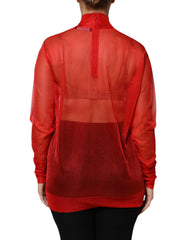 Dolce & Gabbana Red Tulle Turtleneck Long Sleeve Blouse Top