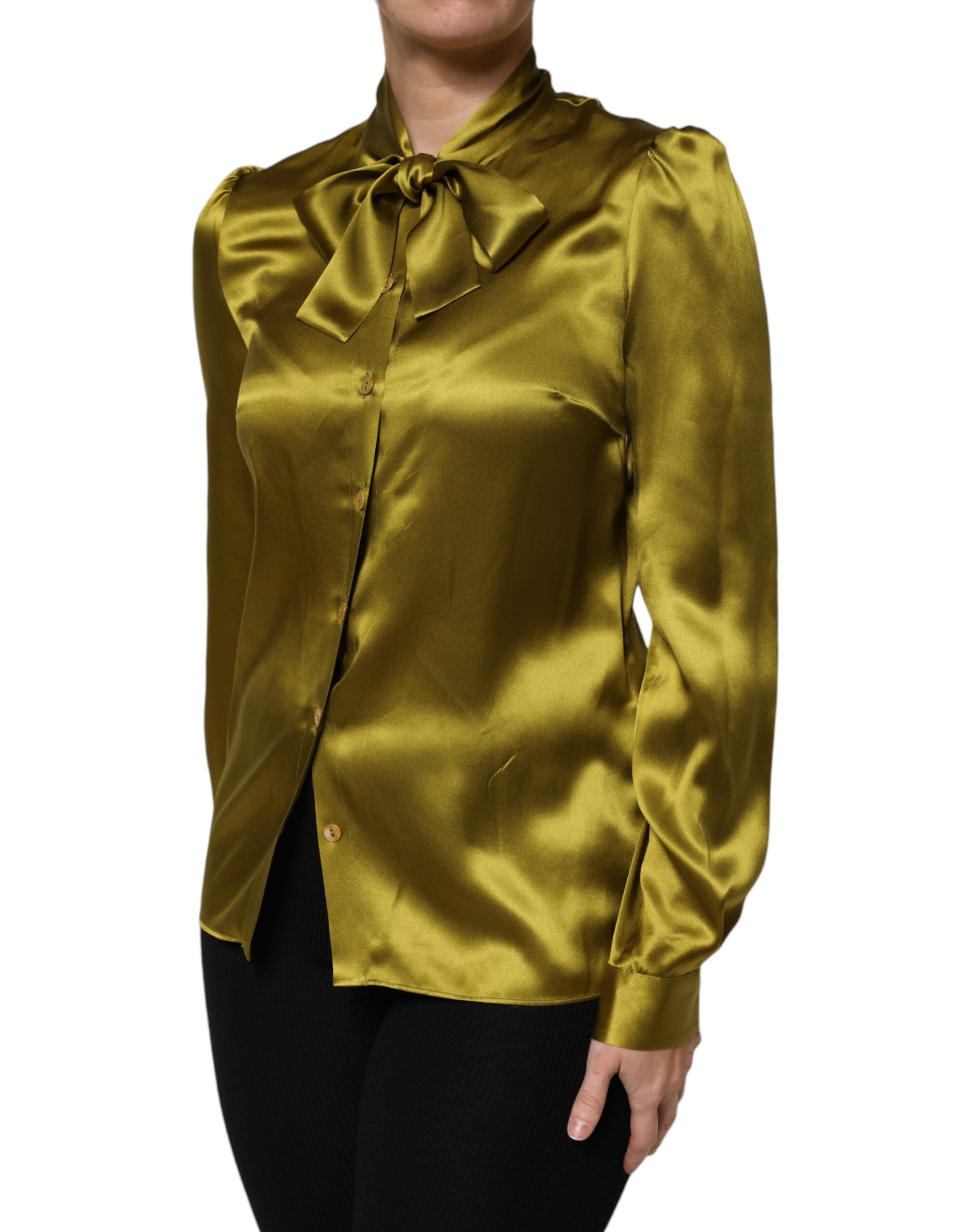 Dolce & Gabbana Green Ascot Collar Long Sleeves Blouse Top