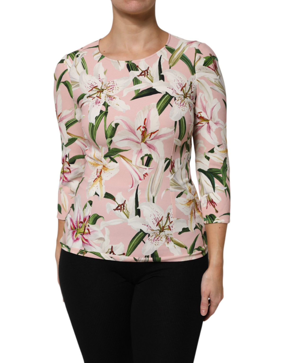 Dolce & Gabbana Pink Lily Print Viscose Round Neck Blouse Top