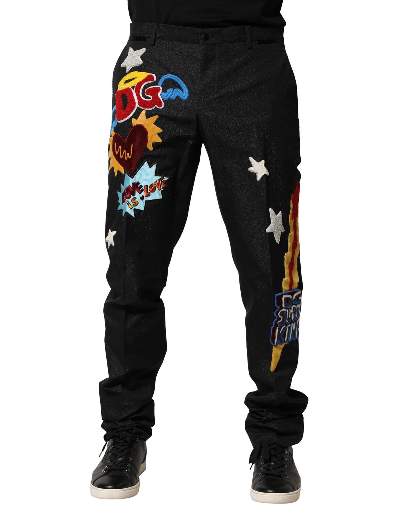 Dolce &amp; Gabbana svarte grafiske broderte herrebukser