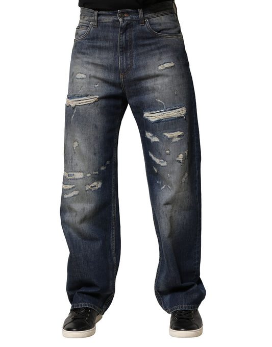 Dolce &amp; Gabbana Blå Tvättade Trasiga Bomull Herrjeans