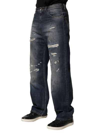 Dolce &amp; Gabbana Blå Tvättade Trasiga Bomull Herrjeans