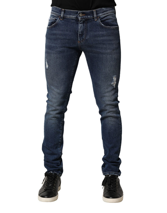 Dolce &amp; Gabbana Blå Tvättade Skinny Bomullsjeans