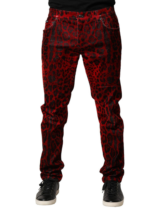 Dolce &amp; Gabbana Röda Leopardmönstrade Bomulls Skinny Denim Jeans