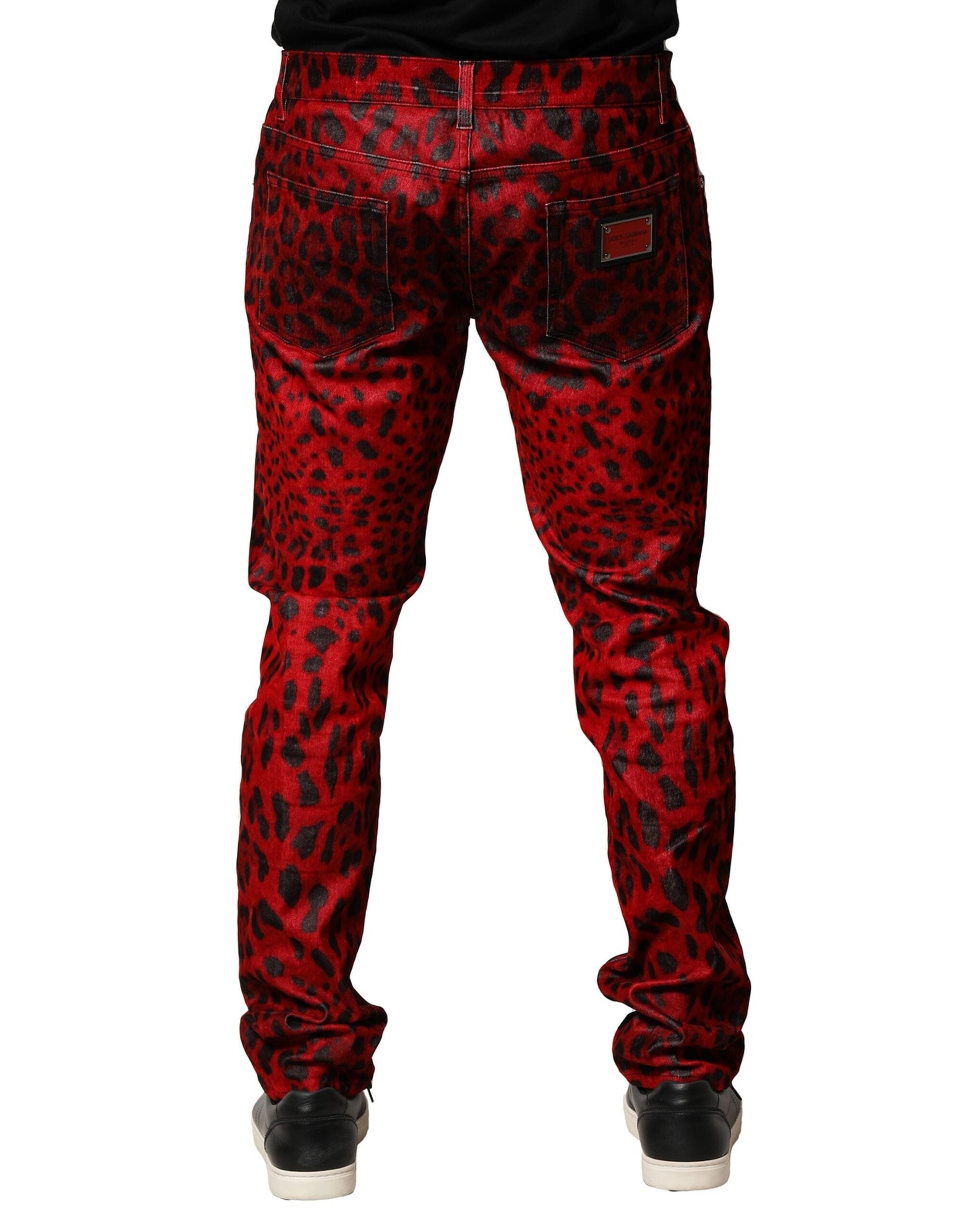 Dolce & Gabbana Red Leopard Print Cotton Skinny Denim Jeans