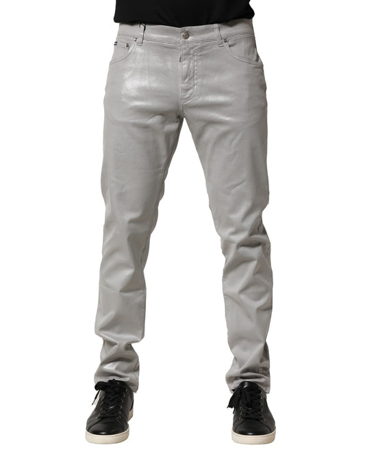 Dolce &amp; Gabbana Silverfärgade bomullsstretchiga smala denimjeans