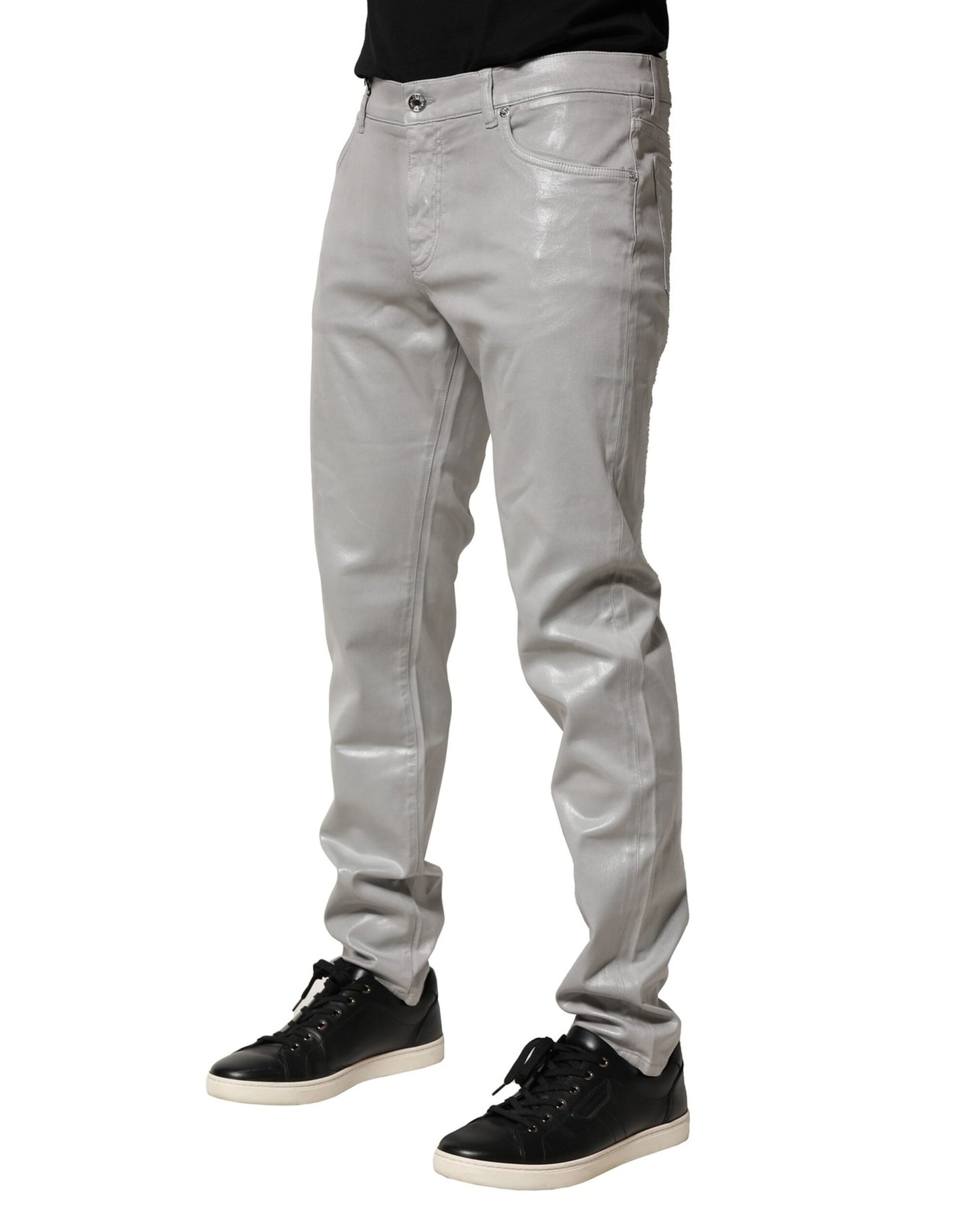 Dolce &amp; Gabbana Silverfärgade bomullsstretchiga smala denimjeans