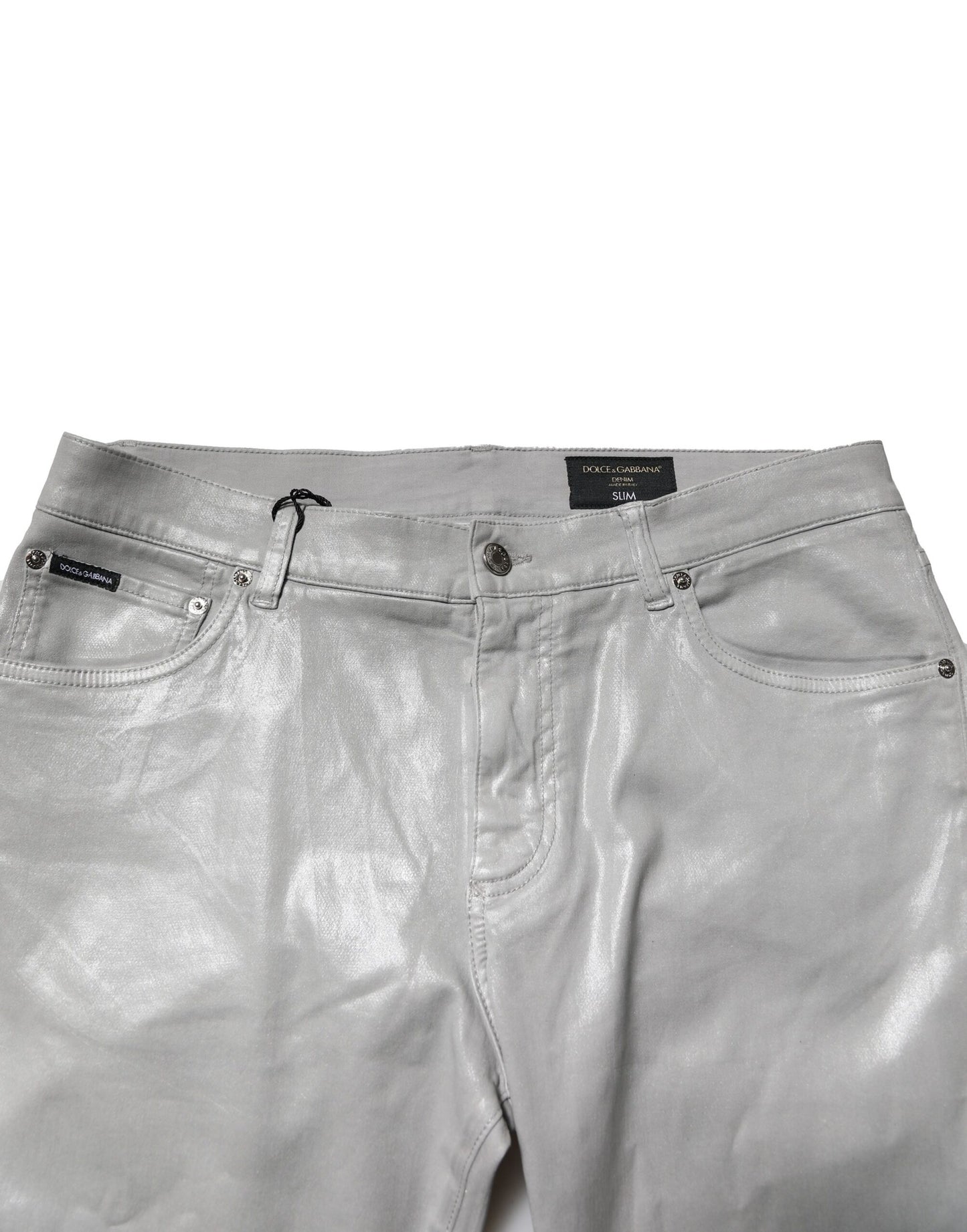 Dolce &amp; Gabbana Silverfärgade bomullsstretchiga smala denimjeans