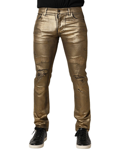 Dolce &amp; Gabbana Guldfärgade Slitna Bomullsstretchjeans i Slim-Denim