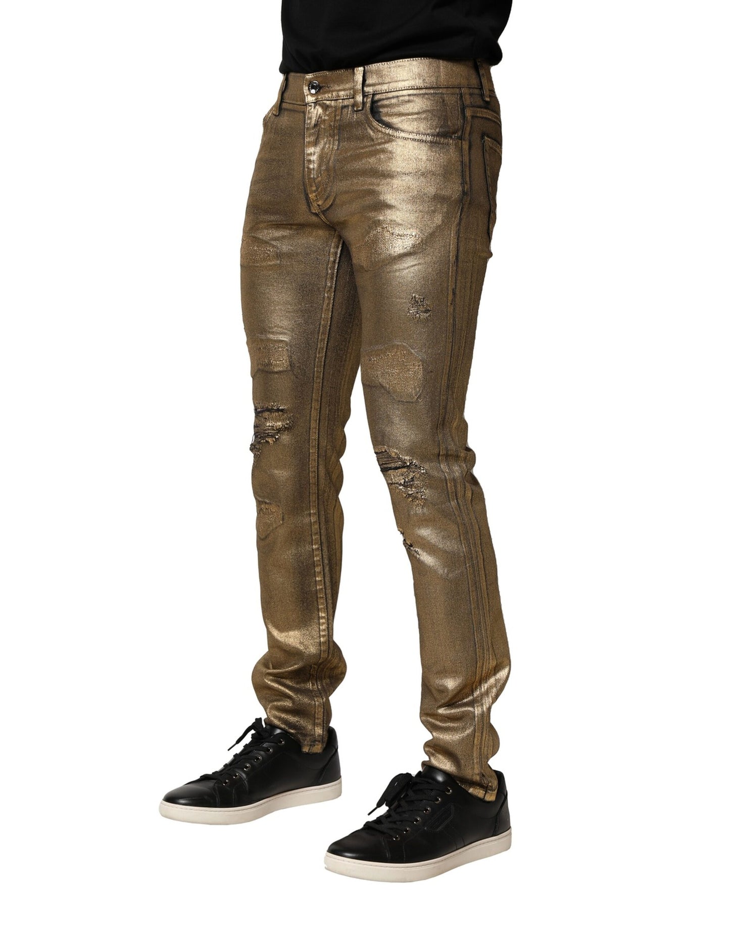 Dolce &amp; Gabbana Guldfärgade Slitna Bomullsstretchjeans i Slim-Denim
