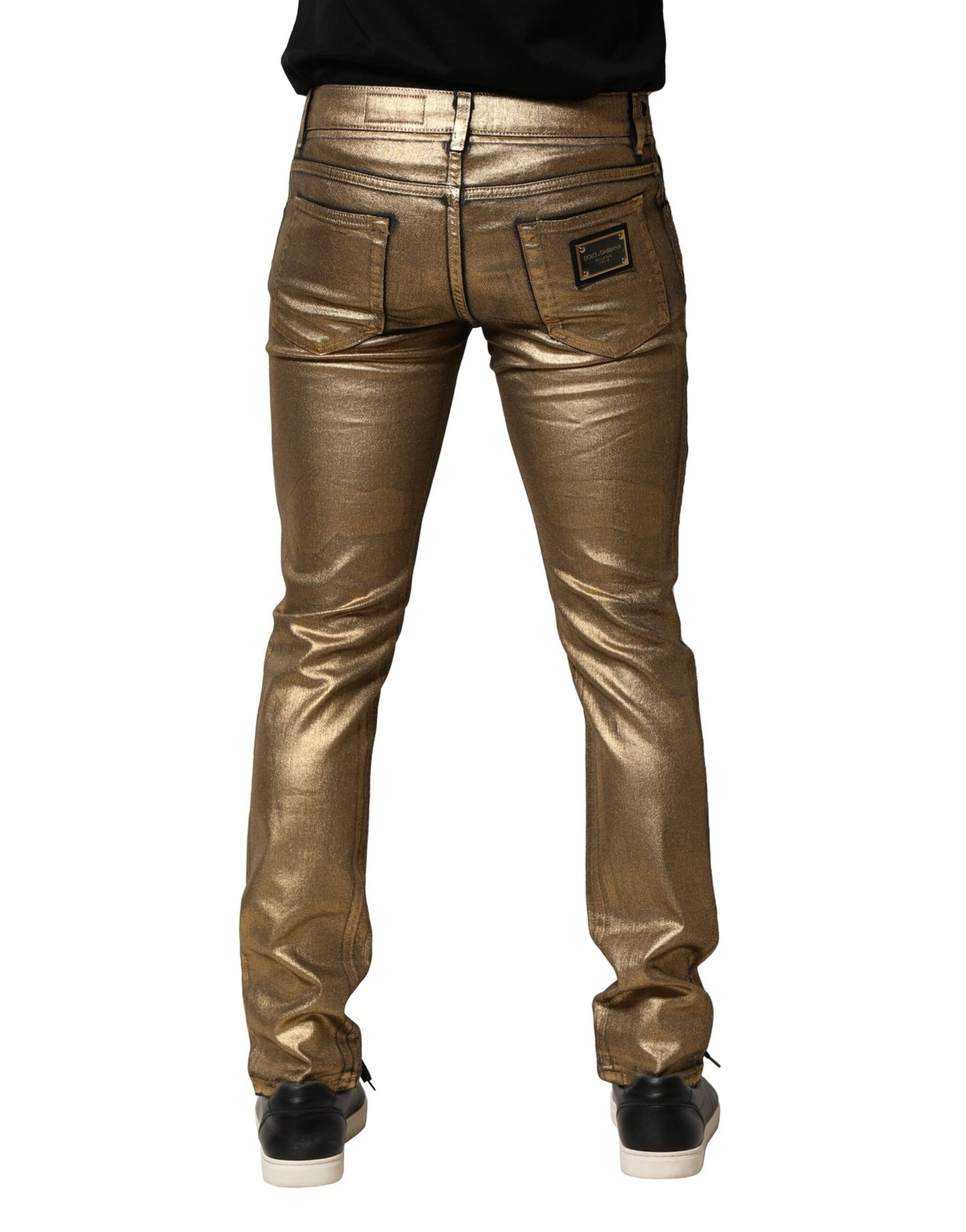 Dolce &amp; Gabbana Guldfärgade Slitna Bomullsstretchjeans i Slim-Denim