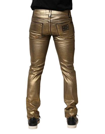 Dolce &amp; Gabbana Guldfärgade Slitna Bomullsstretchjeans i Slim-Denim