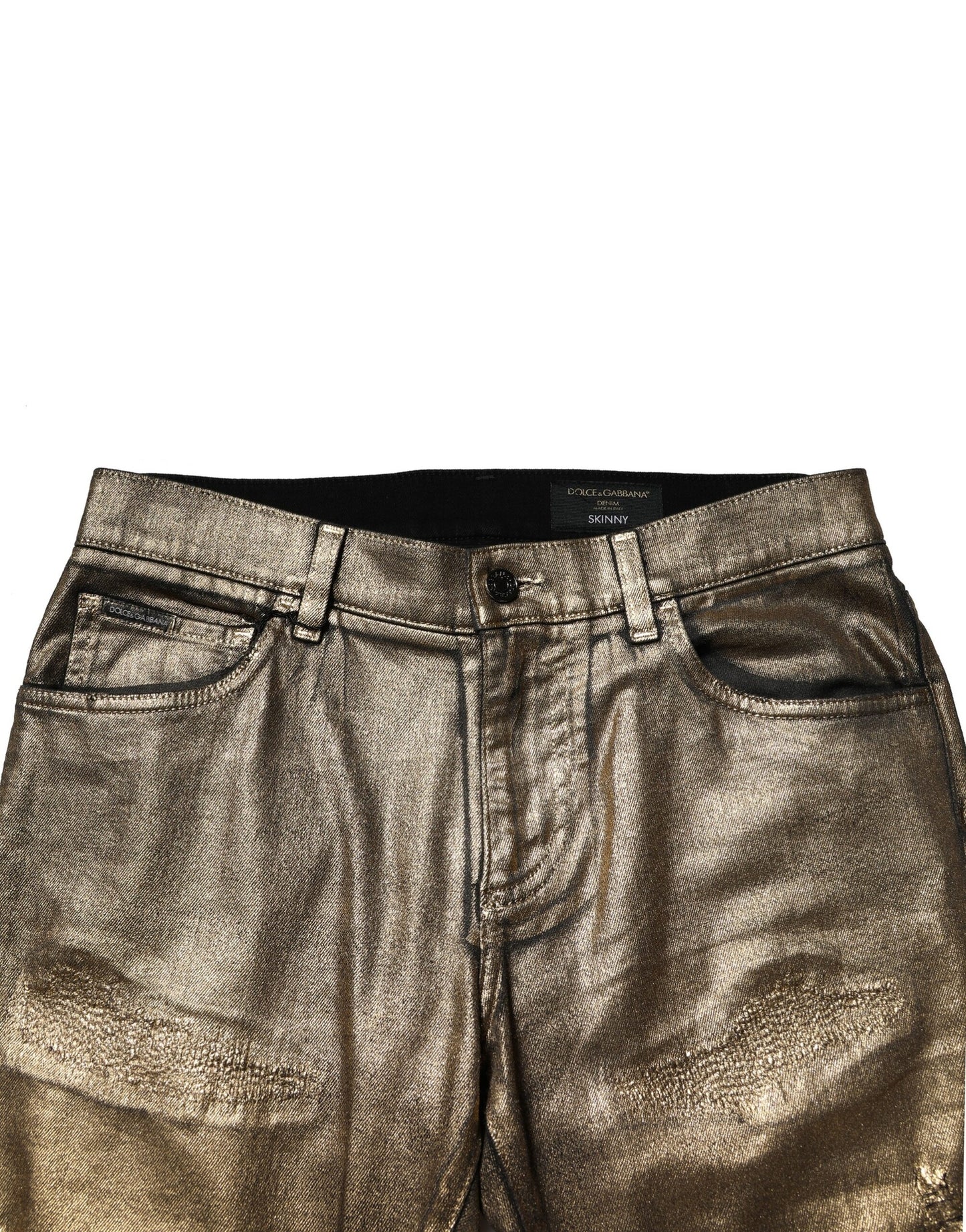 Dolce &amp; Gabbana Guldfärgade Slitna Bomullsstretchjeans i Slim-Denim