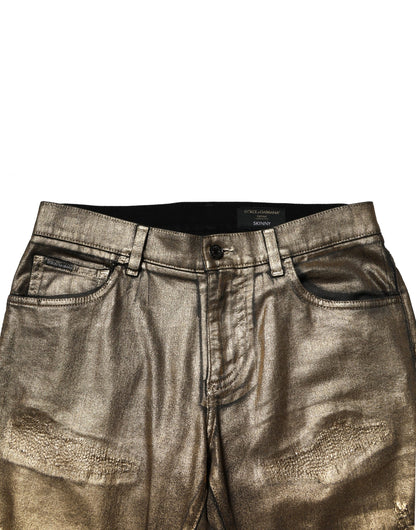 Dolce &amp; Gabbana Guldfärgade Slitna Bomullsstretchjeans i Slim-Denim