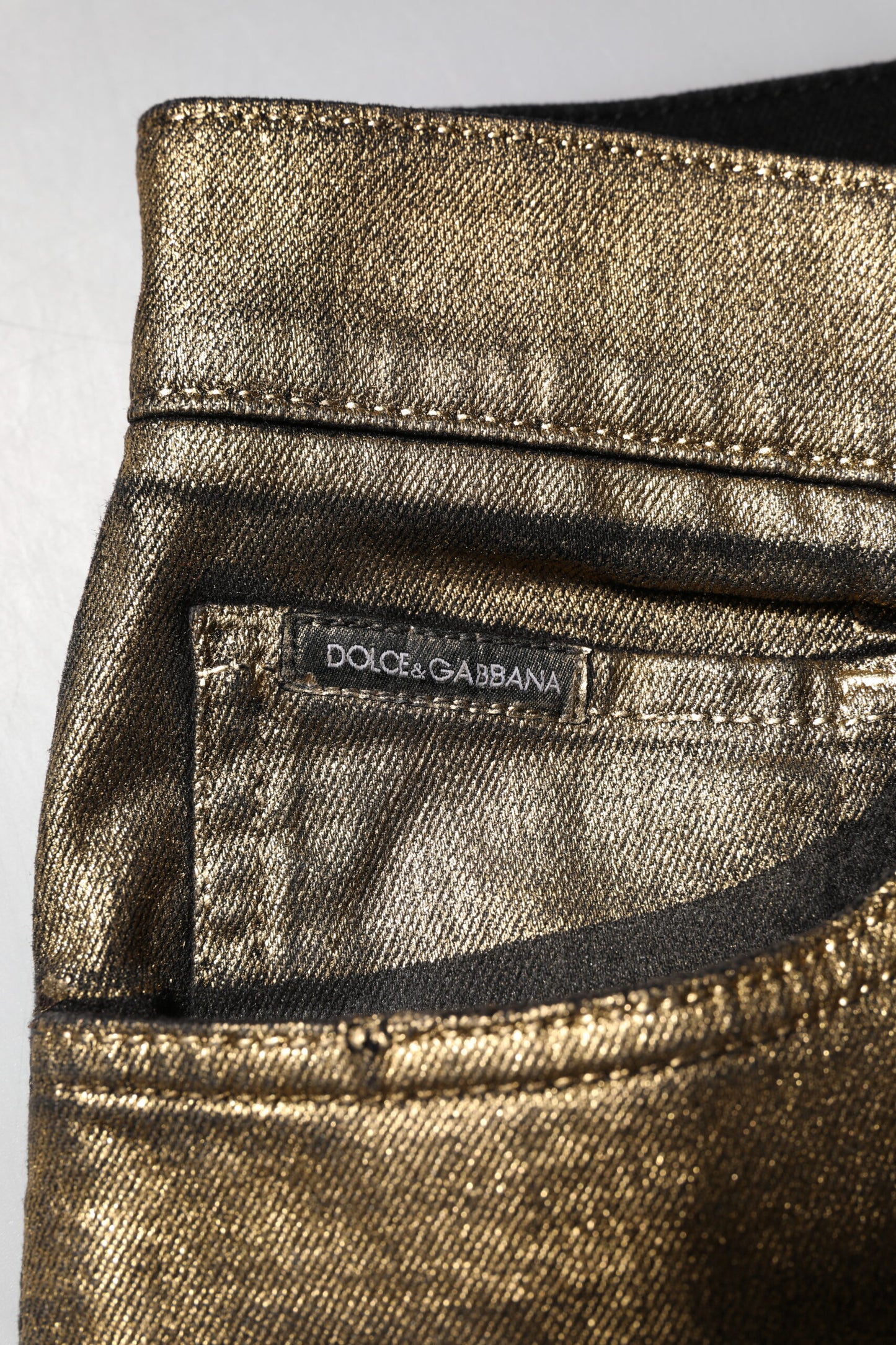 Dolce &amp; Gabbana Guldfärgade Slitna Bomullsstretchjeans i Slim-Denim