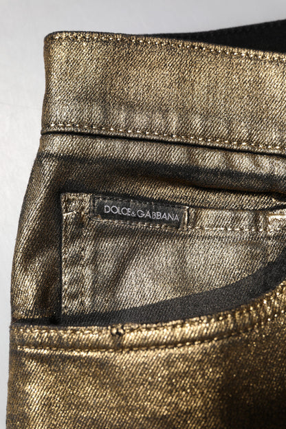 Dolce &amp; Gabbana Guldfärgade Slitna Bomullsstretchjeans i Slim-Denim