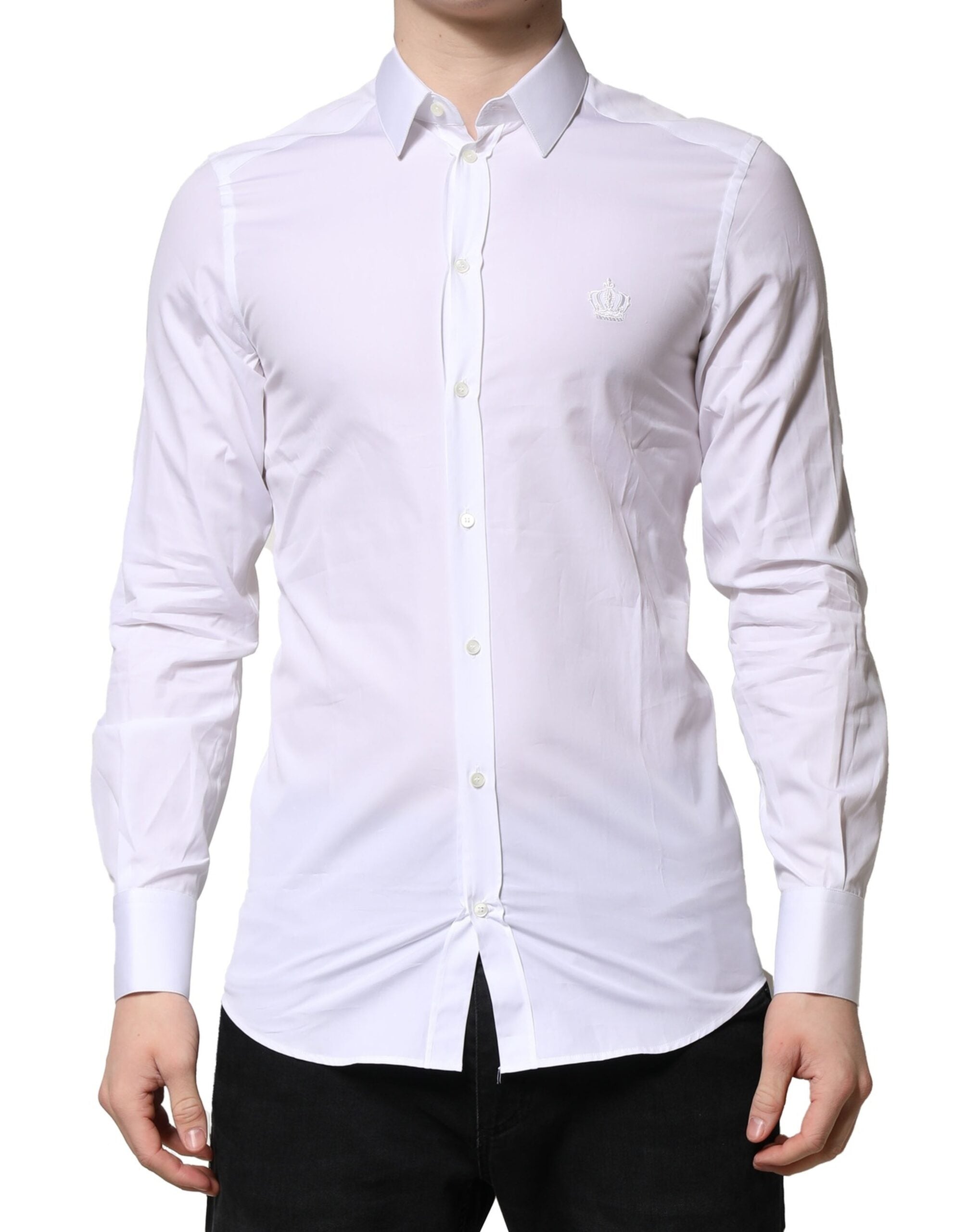 Dolce & Gabbana White GOLD Crown Cotton Dress Formal Shirt