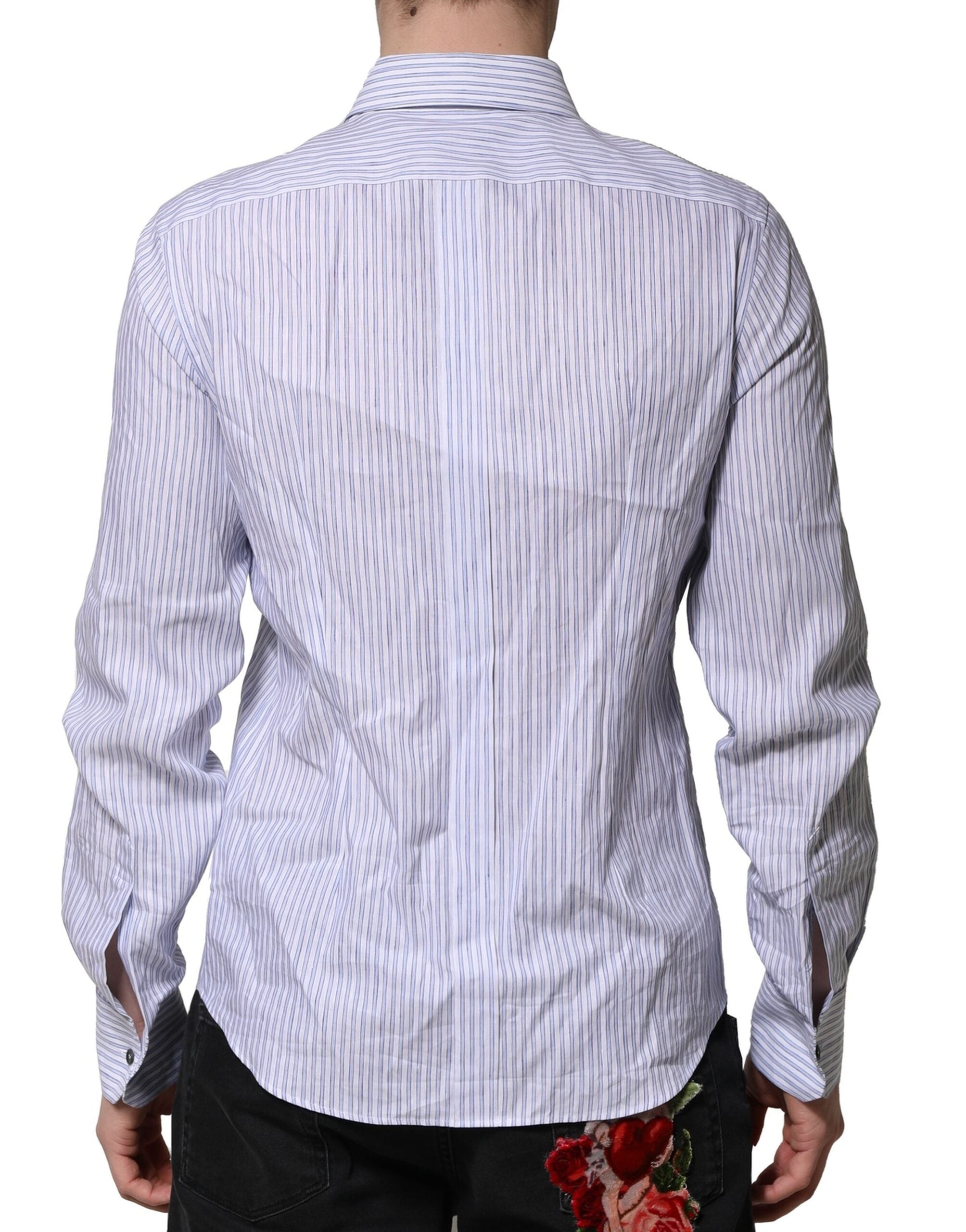 Dolce & Gabbana White Blue Striped Cotton Dress Formal Shirt