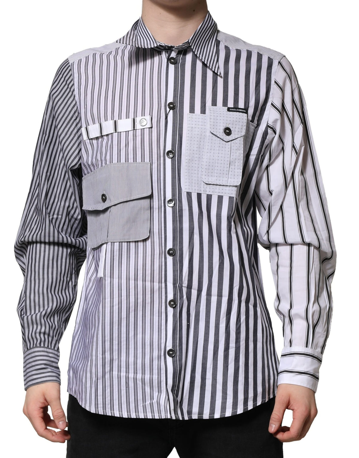 Dolce & Gabbana White Gray Striped Cotton Men Casual Shirt