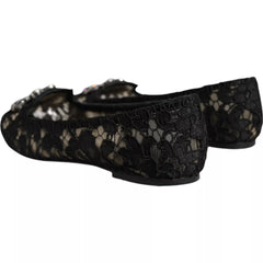 Dolce & Gabbana Black Lace Crystal Ballet Flats Loafer Shoes