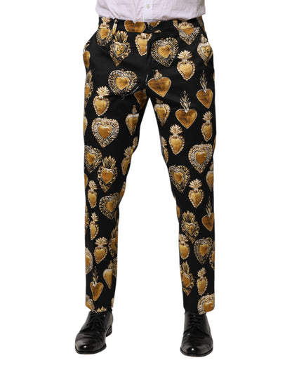 Dolce &amp; Gabbana Svarta Guldfärgade Byxor med Sacred Heart-mönster