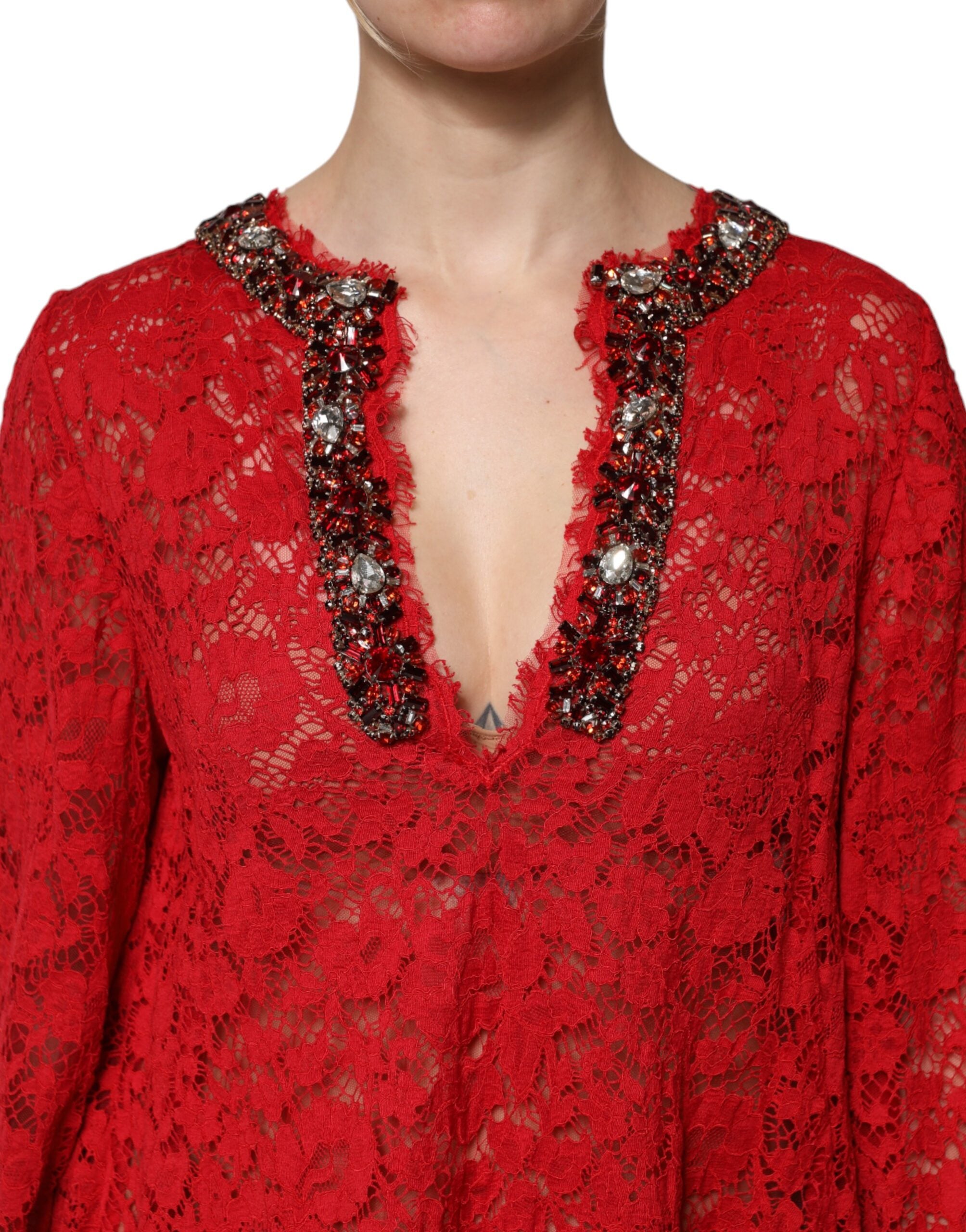 Dolce & Gabbana Red Floral Lace Rhinestone Embellished Dress