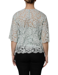 Dolce & Gabbana Mint Green Floral Lace Cotton Blouse Top