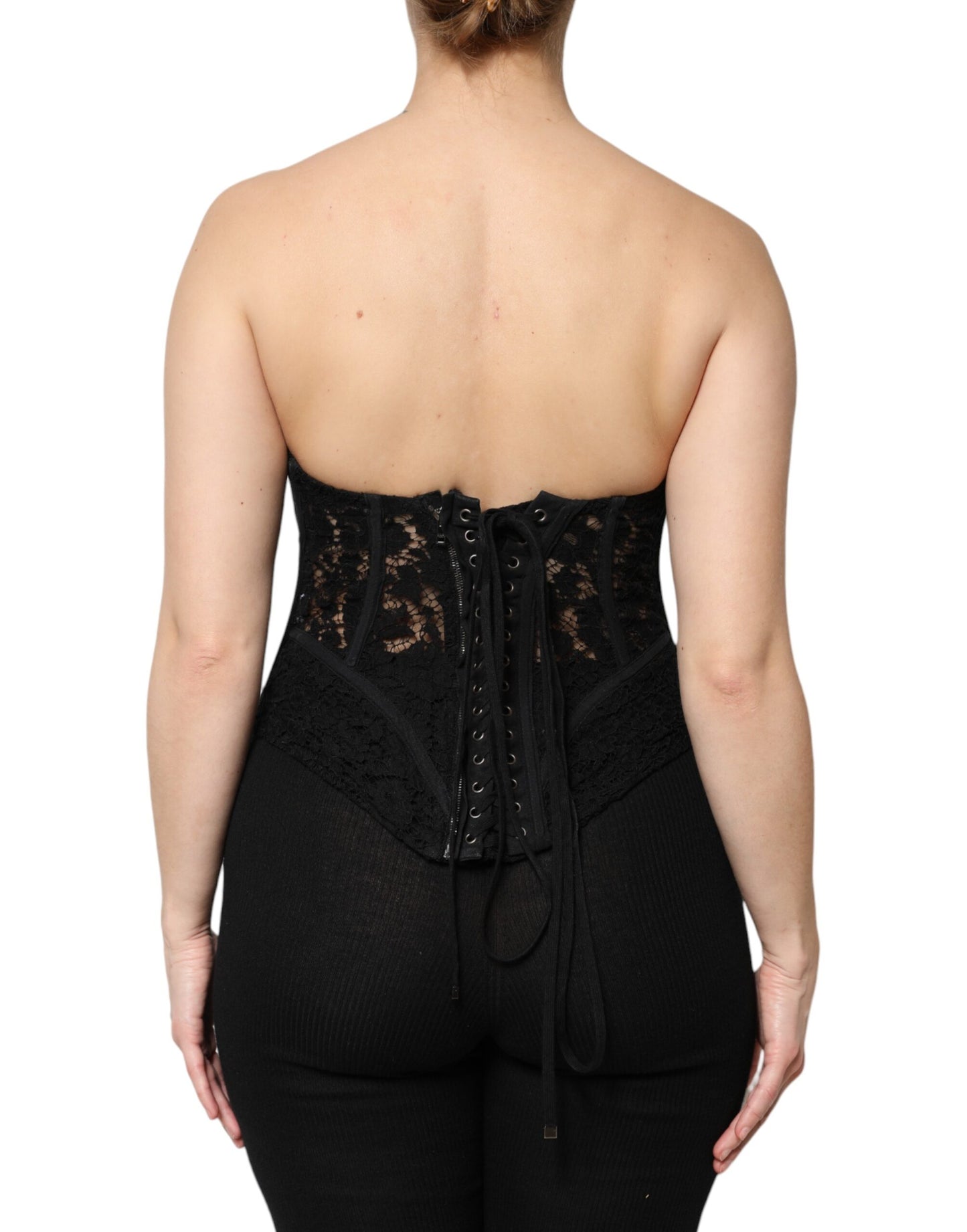 Dolce &amp; Gabbana Svart Bomull Blommig Spets Korsett Bustier Topp