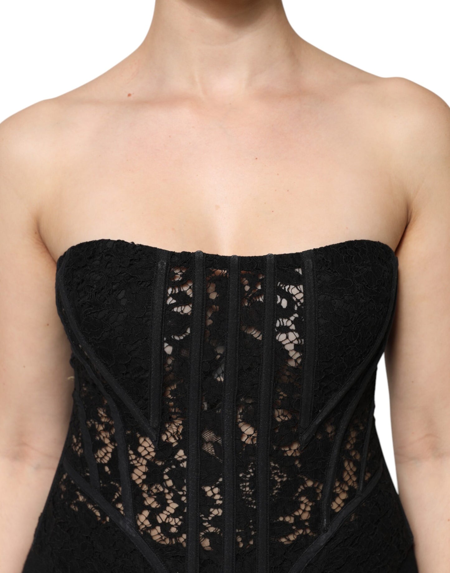 Dolce &amp; Gabbana Svart Bomull Blommig Spets Korsett Bustier Topp