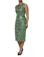 Dolce & Gabbana Green Cotton Floral Lace Sheath Midi Dress
