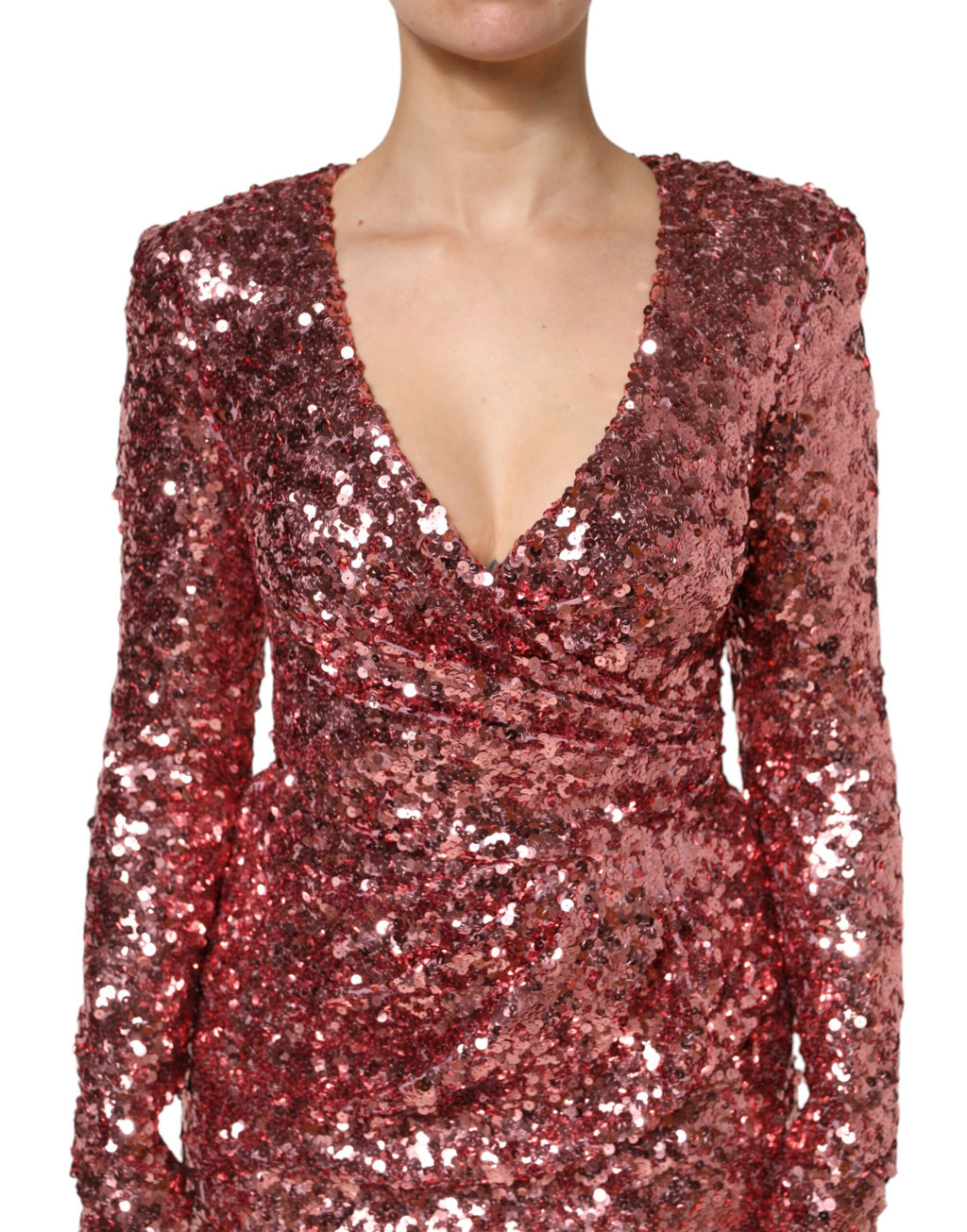 Rosa paljett statement nylon midikjole med v-hals