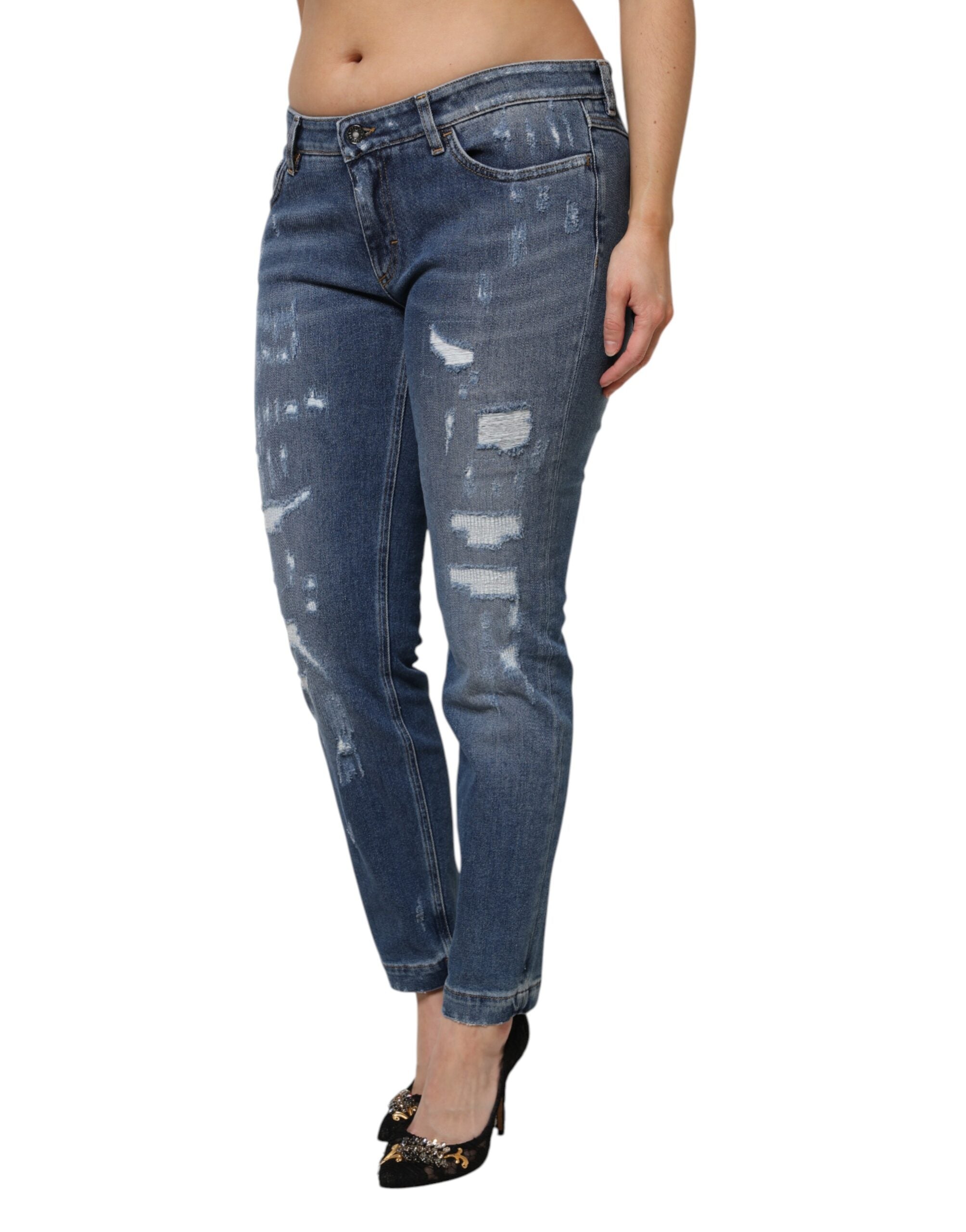 Blåa trasiga bomullsjeans med låg midja