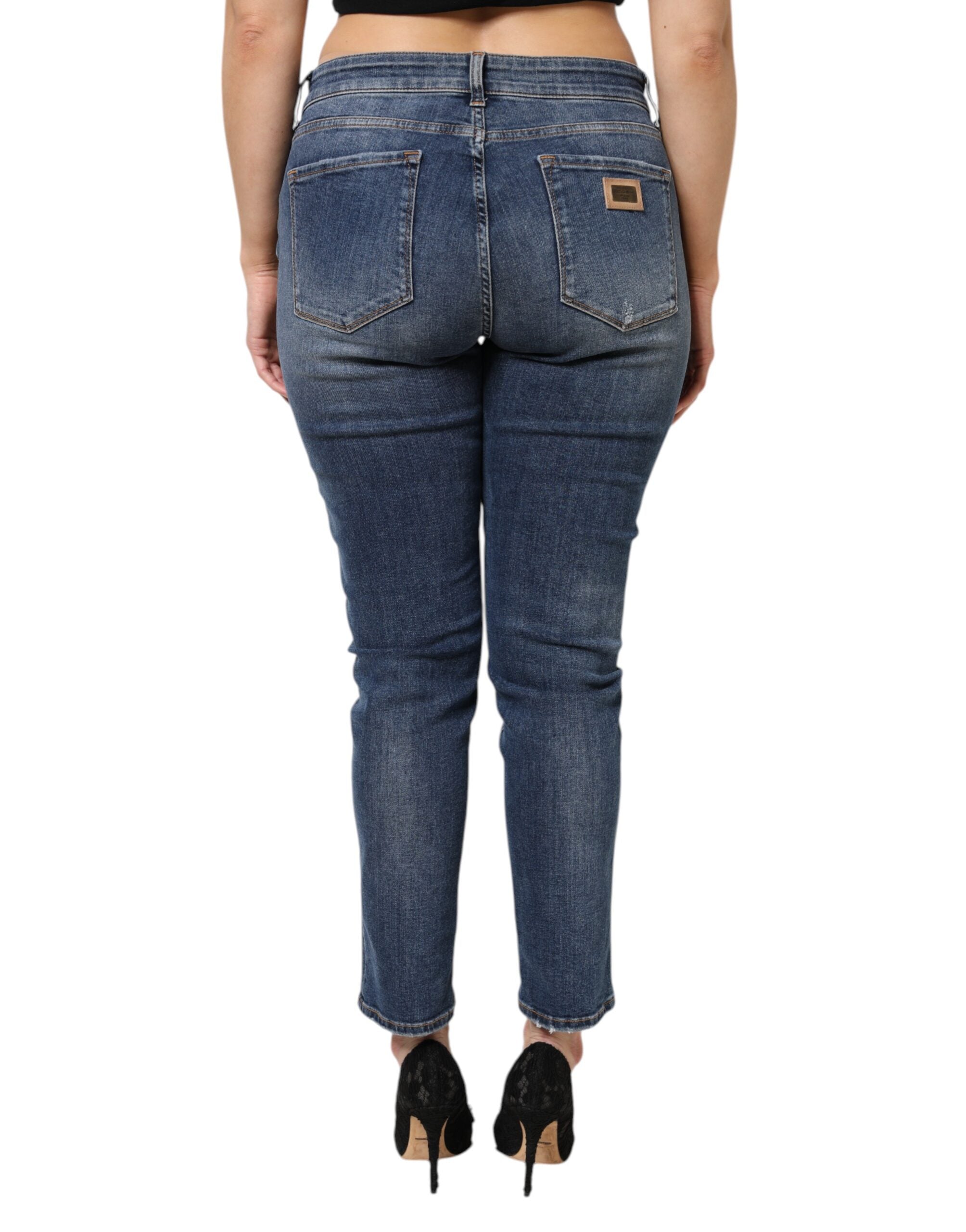 Blå tvättade bomullsjeans med låg midja