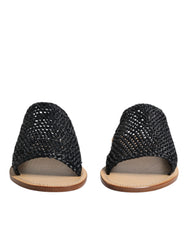 Dolce & Gabbana Black Monochrome Braided Raffia Slides Shoes