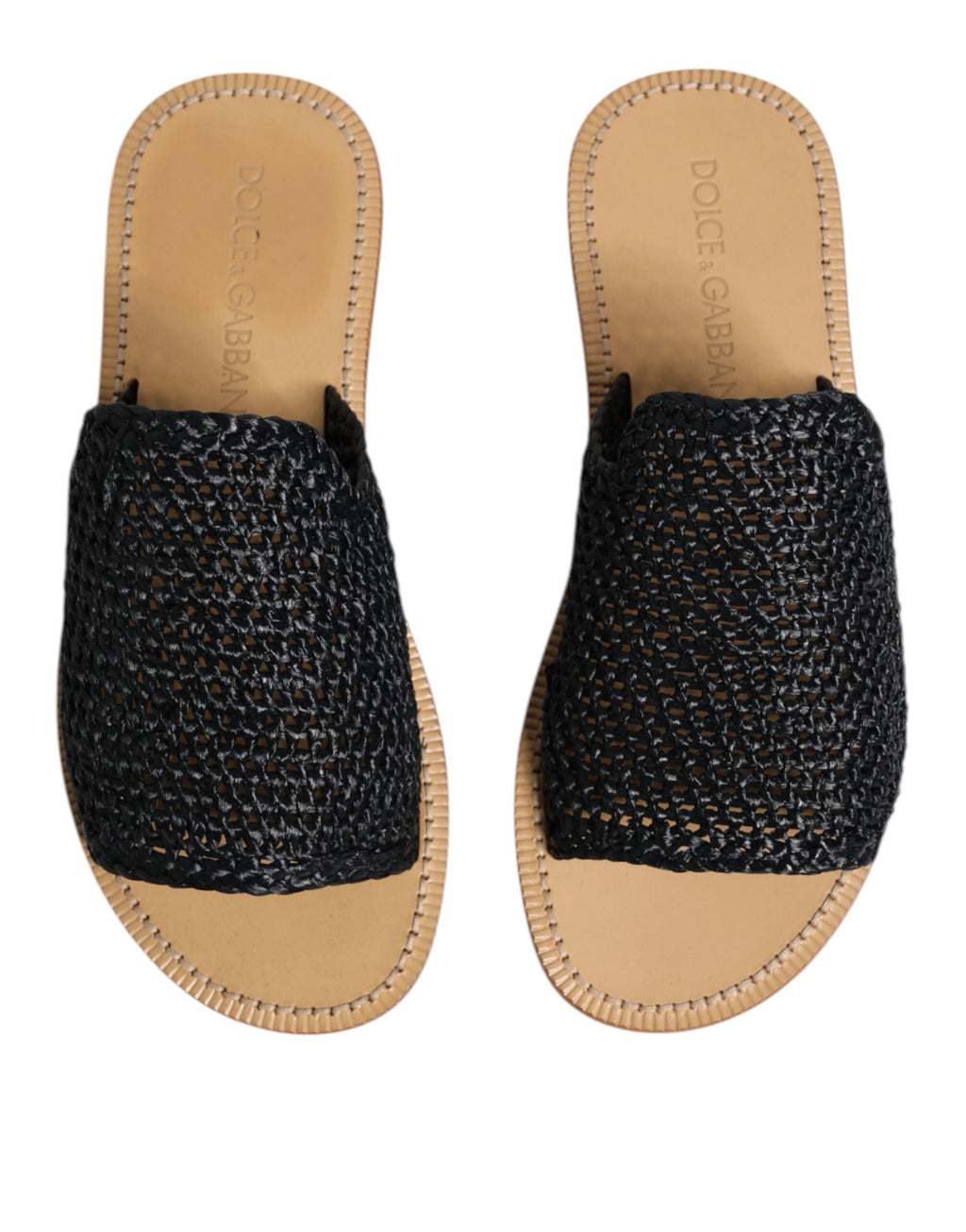Svarte monokrome flettede raffia-slippers
