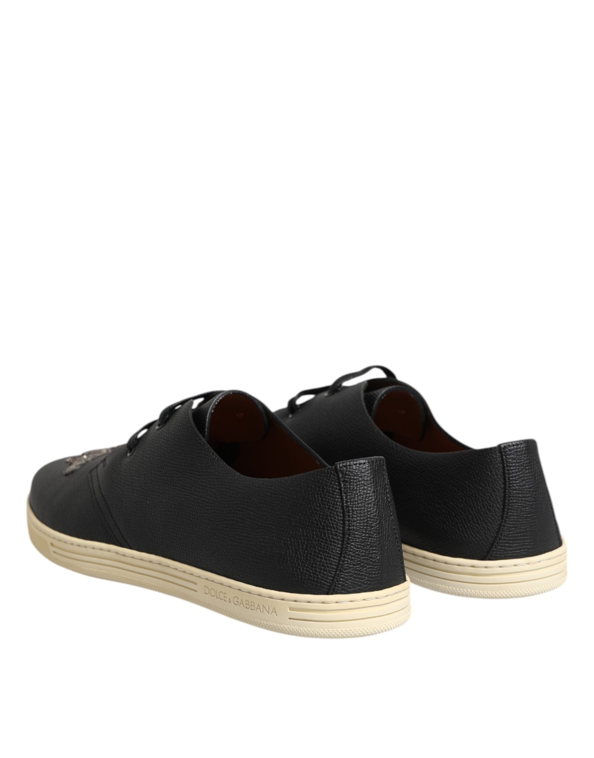 Dolce & Gabbana Black Leather Bee Crown Low Top Sneakers Shoes