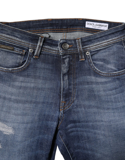 Dolce &amp; Gabbana Blå Tvättade Bomulls Slim Fit Herrjeans