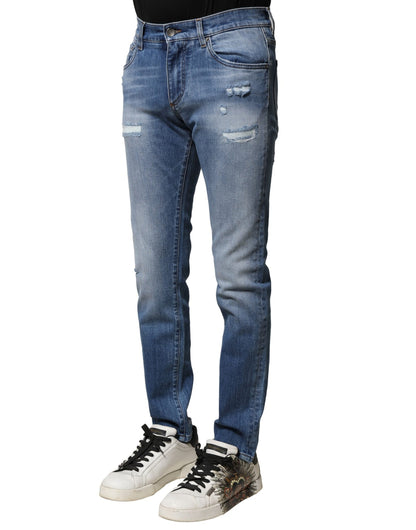 Dolce &amp; Gabbana Blå Tvättade Bomulls Skinny Herrjeans