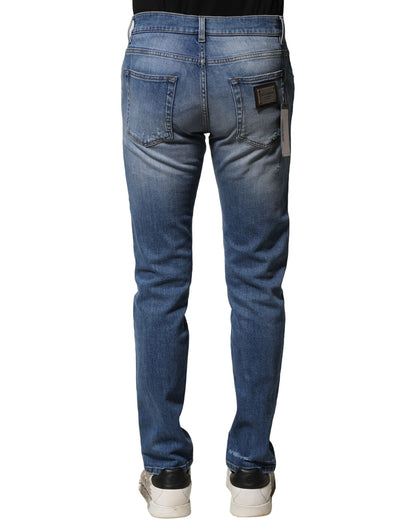 Dolce &amp; Gabbana Blå Tvättade Bomulls Skinny Herrjeans