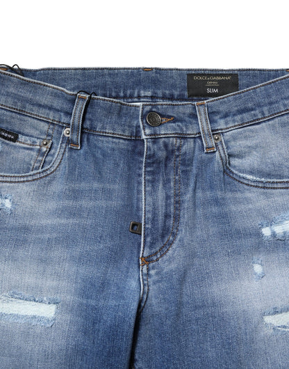 Dolce &amp; Gabbana Blå Tvättade Bomulls Skinny Herrjeans